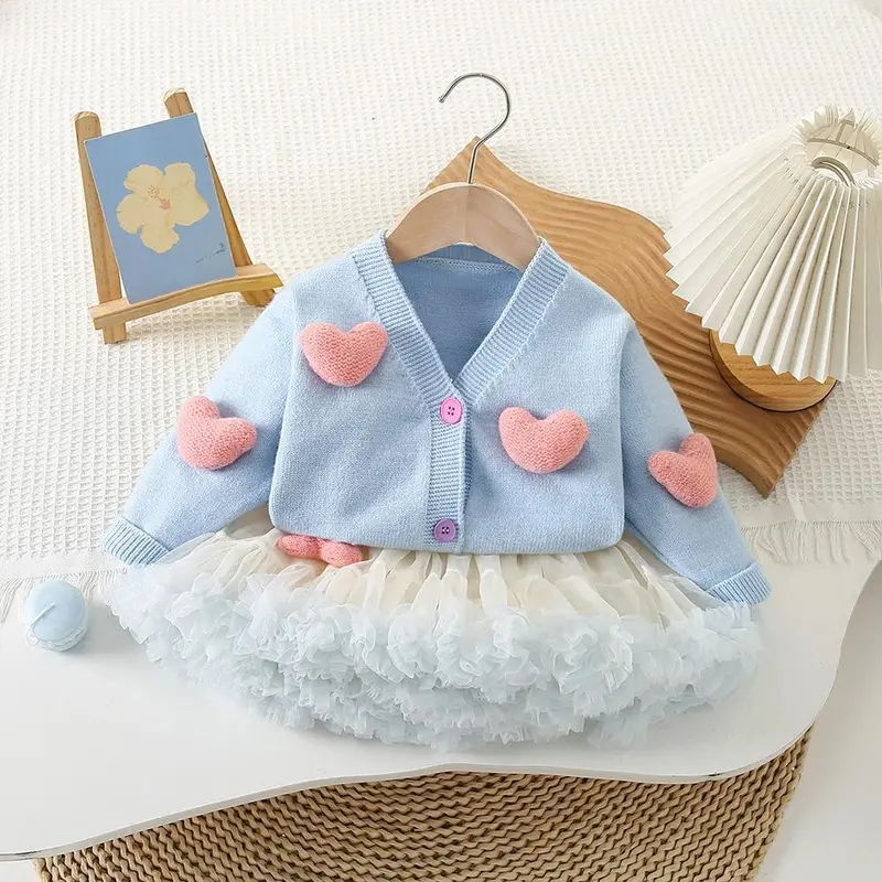 2-7Y Girls Clothing Set 3D Heart Sweaters And Tulle Skirts 2 PCs Knit Suits Girls Knit Cardigans 1