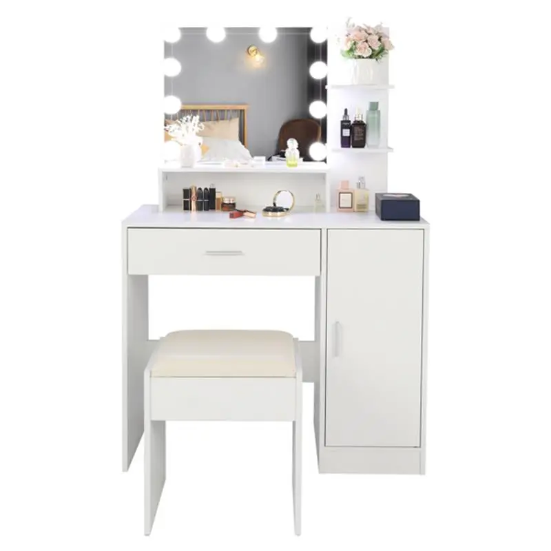 Large Vanity Set with LED Bulbs – Makeup Table with Stool, Storage Shelves, Drawer, and Cabinet – Perfect for Women and Girls, White 4