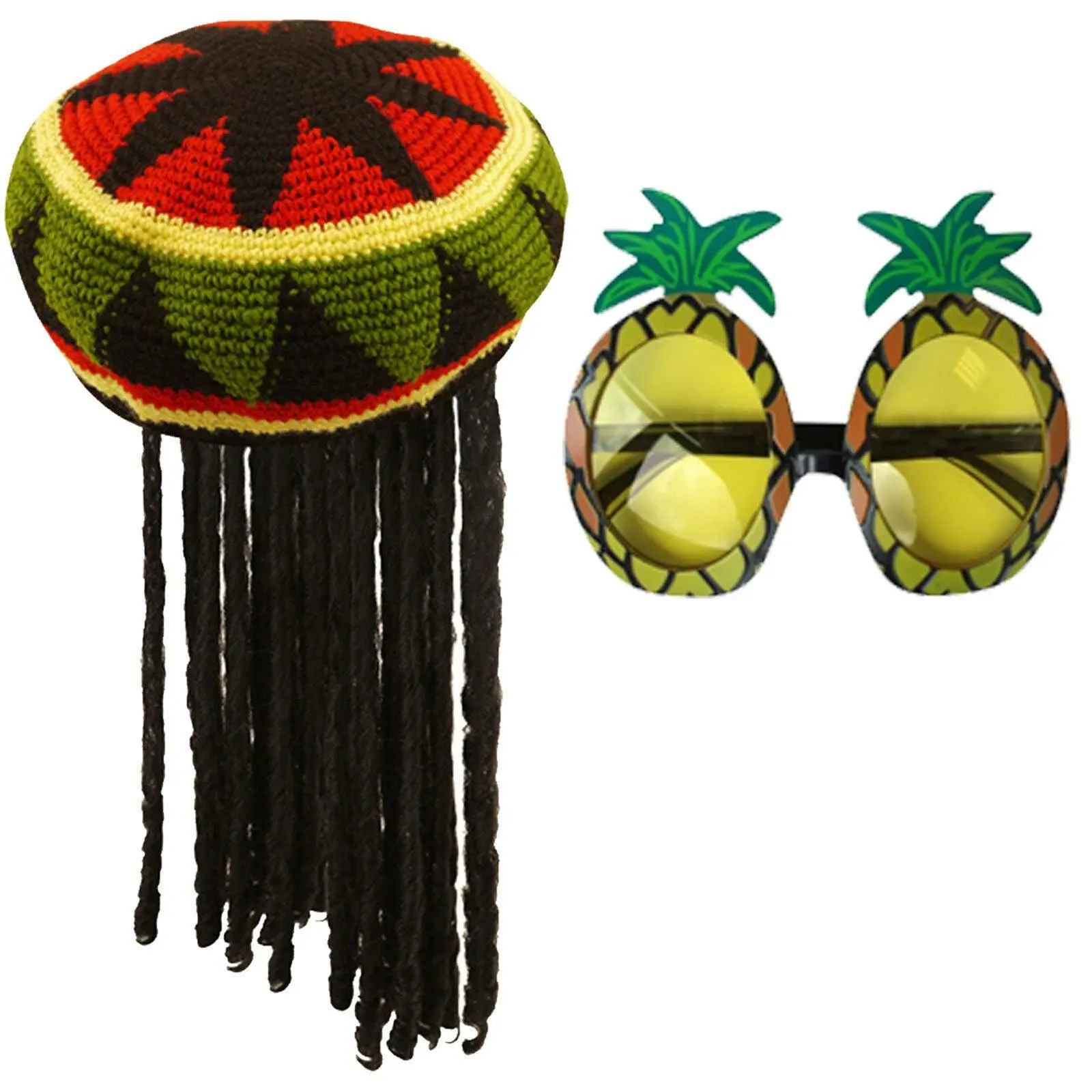 Jamaican Rasta Hat with Dreadlocks Wig & Pineapple Glasses Caribbean Costume Set
