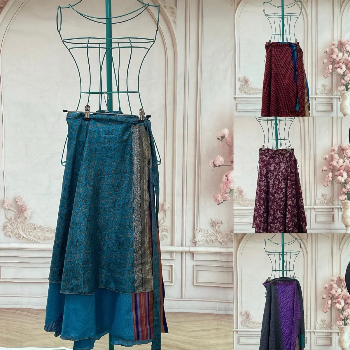 Boho fair trade recycled,sari silk wrap skirt midi 8 -22