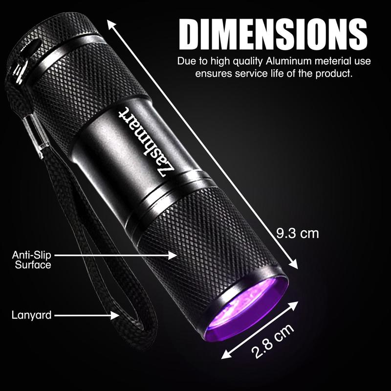 Zashmart UV Torch, Torch Light, 87MM L 9LED Echo Torch, 395 NM Black Flashlight led torch, Powerful UV Light For Pet Urine Detection and Carpet Inspection, Bright Torch light, 3 x AAA Portable Battery (Not Included), High Power Torch for all Detector). 4