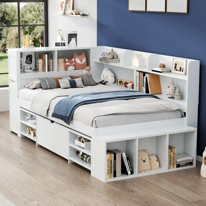 Children's bed, Single Bed-3ft(90*190cm), single bed, multifunctional children's bed with drawers, bookcase and storage cupboard, large storage space, slatted frame, without mattress, white 2