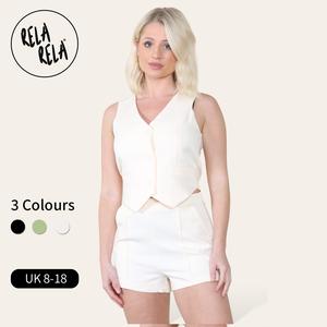 RELA RELA V Neck Button Up Waistcoat & Matching Shorts Co-Ord UK 6-18 Basic Casual Clothing Fashion Sleeveless Womenswear Cute Elegance Minimalist Outfit
