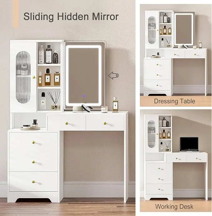 Joolihome Modern Dressing Table Set with Sliding Mirror, 5 Shelves & 5 Drawers, Adjustable 3 colors Light and Soft Stool for Bedroom 4