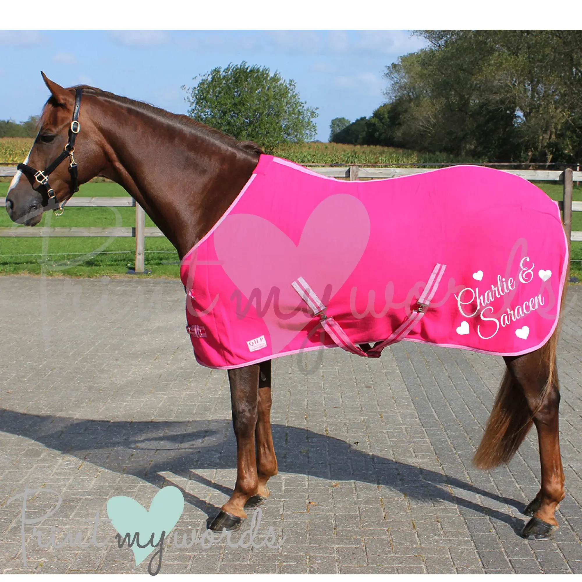 Personalised Equestrian Horse Pony Fleece Rug Cooler - Hearts Style. Sizes 5'0"-6'9"