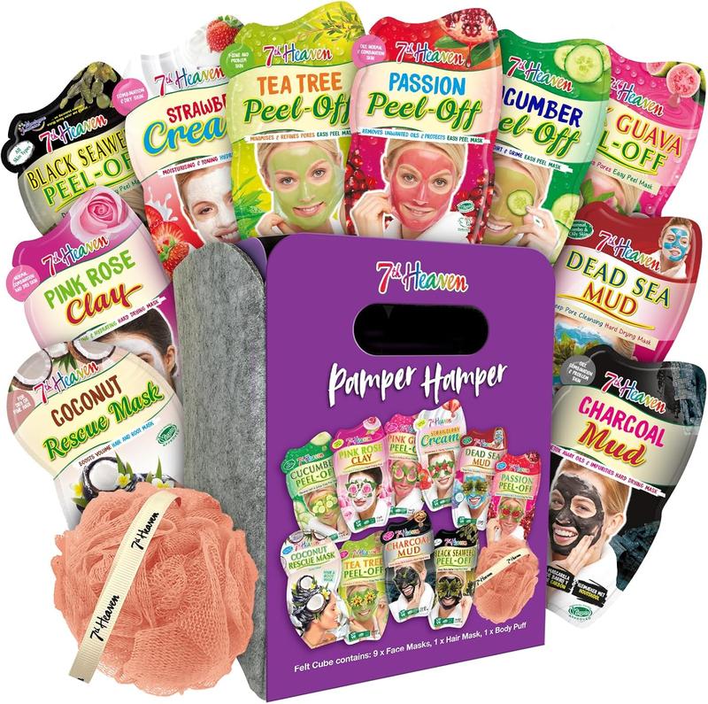 7th Heaven Pamper Hamper Skincare Set - 9 x Face Masks Skincare, 1 x Hair Masks for Dry Damaged Hair and 1 x Body Puff - Gift Set of Peel Off Face Masks & Clay Face Mask Sachets Skin Repair Comfort 0