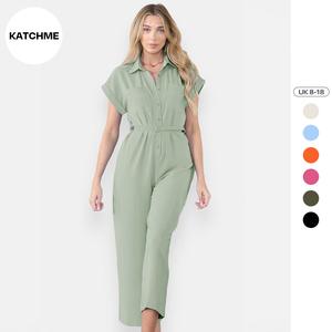 KatchMe Women's Slouchy Plain Collared Neck Button Short Sleeve Baggy Wide Leg Jumpsuit,Holiday Womenswear,Womens Front Pocket Belt Decor Romper
