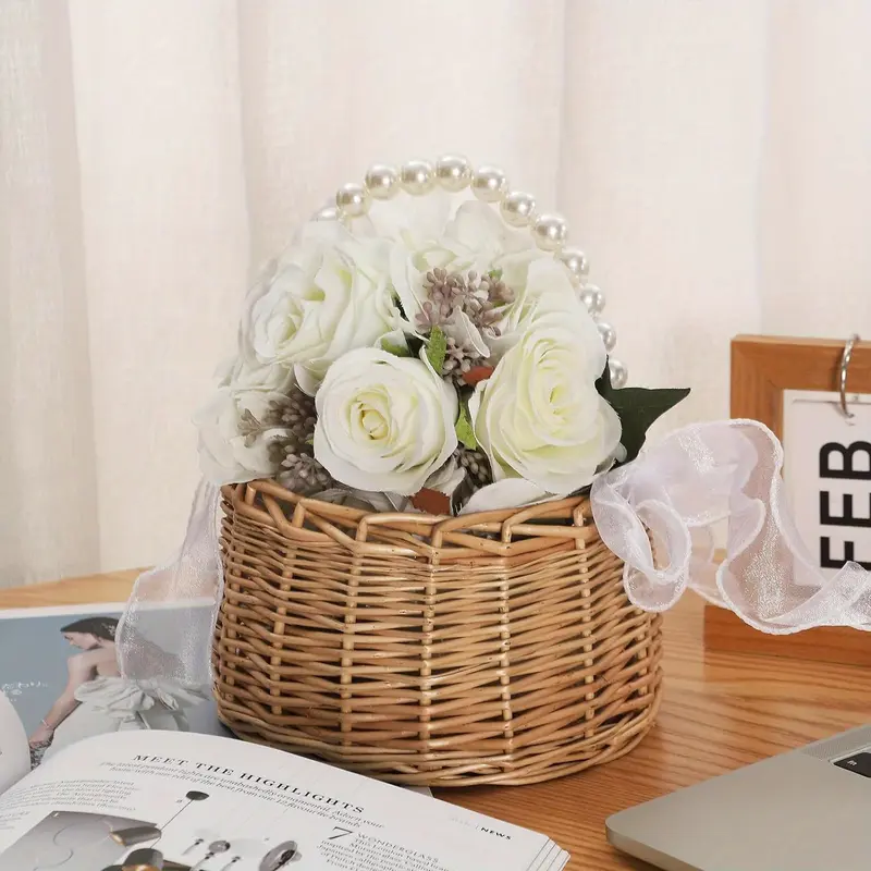 A Handcrafted Wicker Flower Girl Basket with a Pearl Handle And Bow - Ideal for Weddings, Easter, And Party Gifts (Brown) 4