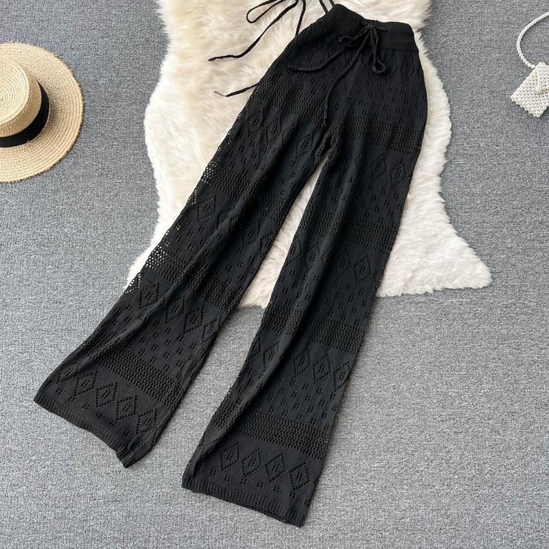 Product Introduction of SINGREINY Women Summer Knitted Set Halter Short Tops+ Hollow Wide Leg Long Pants Sets Shell Beach Sexy Backless Two Piece Suits 29