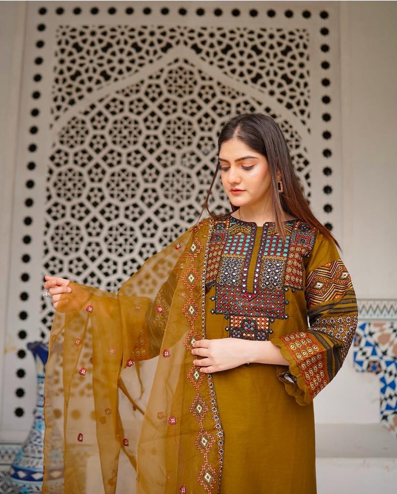 Product Introduction of 3-Piece Embroidered Khaddi Cotton Suit with Sindhi-Inspired Design. Comfort Matching 4