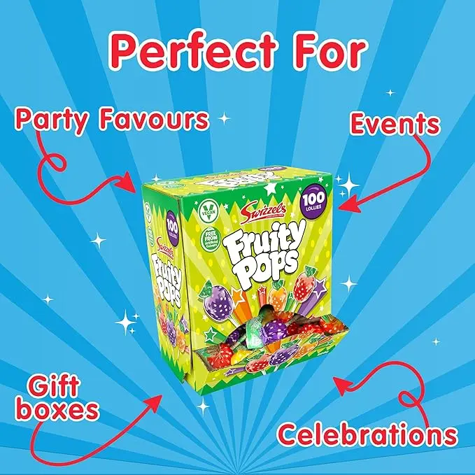 Swizzels Fruity Pops Dispenser Box - 100 Lollipops, Vegan Friendly Sweets, Lemon Flavour - Packed 4