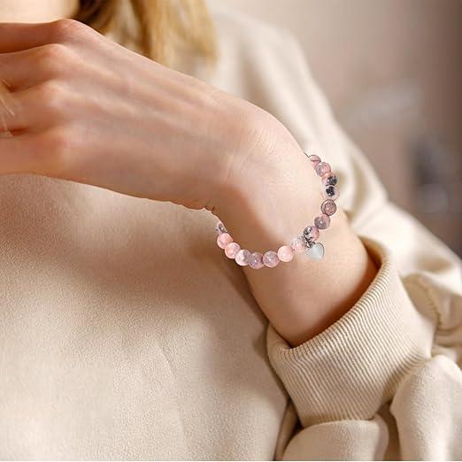 Anxiety Bracelet, Natural Stone Healing Bracelet Ajustable Drawstring Gemstone Beads Bracelet Pink Zebra Bracelet with Heart Charm Message Card for Women Teen Girls Christmas Birthday Gifts 4