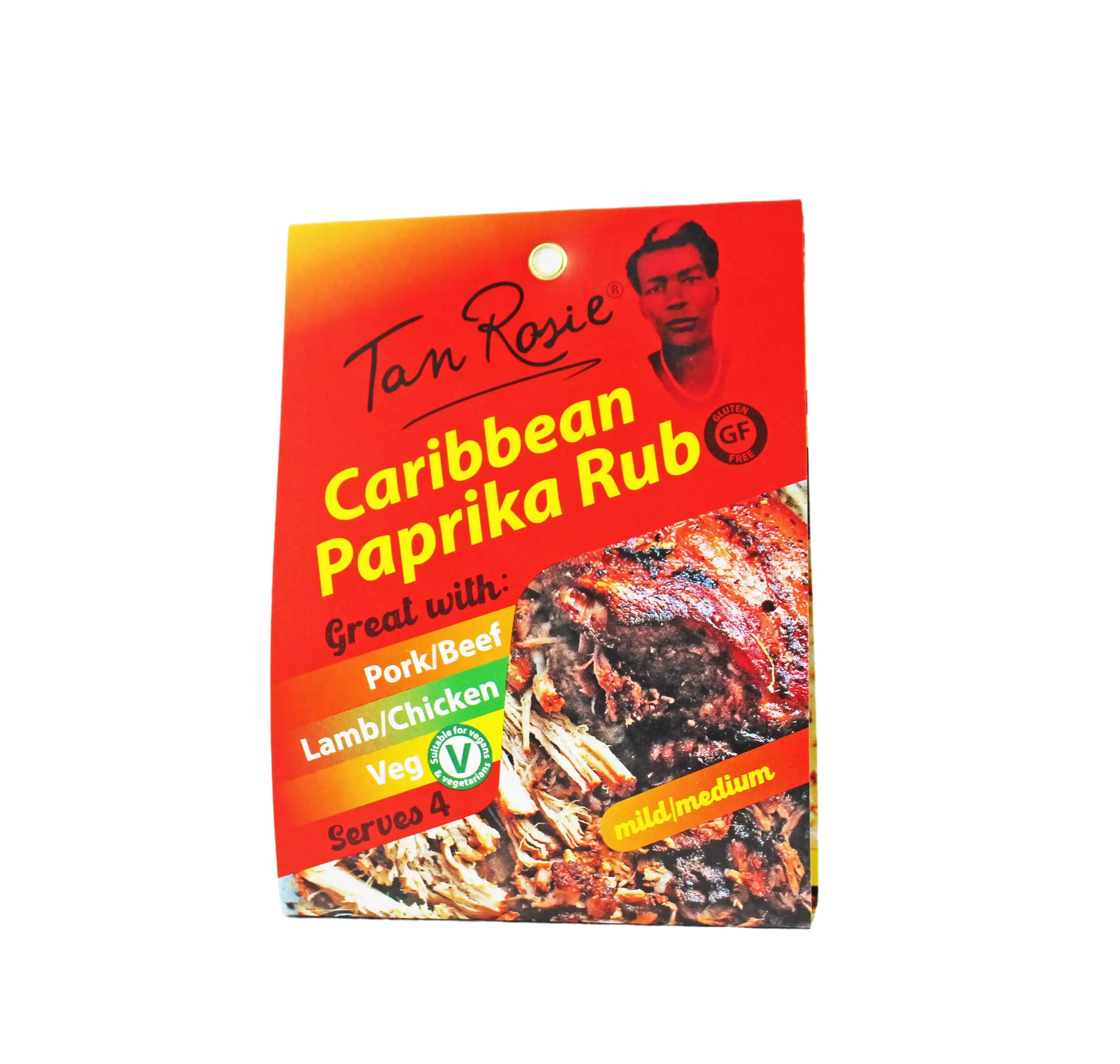 Tan Rosie Caribbean Paprika Rub, meat and vegatable spice rub. Gluten Free. Mild to Medium heat.
