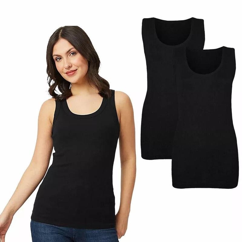 2 PACK LADIES VEST WOMENS COTTON STRETCHY RIBBED T SHIRT CAMI CASUAL TANK TOPS 2