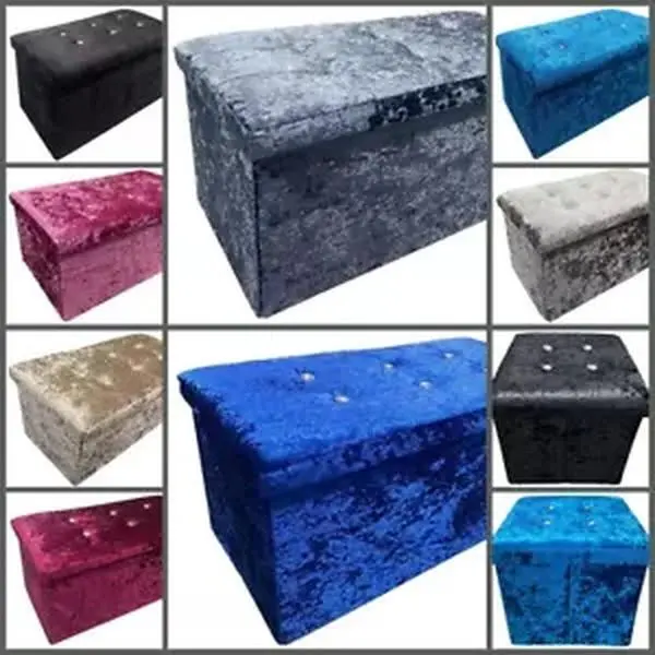 Crushed Velvet Ottoman Storage Cube Toy Box Chest with Diamante Studded Lid - Foldable, Collapsible, Sturdy Household Organiser Decor Seat