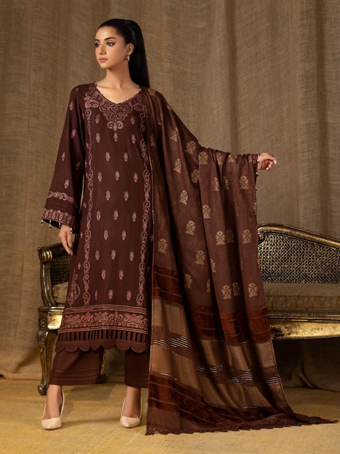 Product Introduction of TL-122 - Riaz Arts Tehzeeb Embroidered Leather Peach Collection Vol-5 - 2023 - Fully Stitched - 3PC Embroidered Leather Peach Shirt & Trouser/Shalwar with Velvet Jacquard Shawl 22