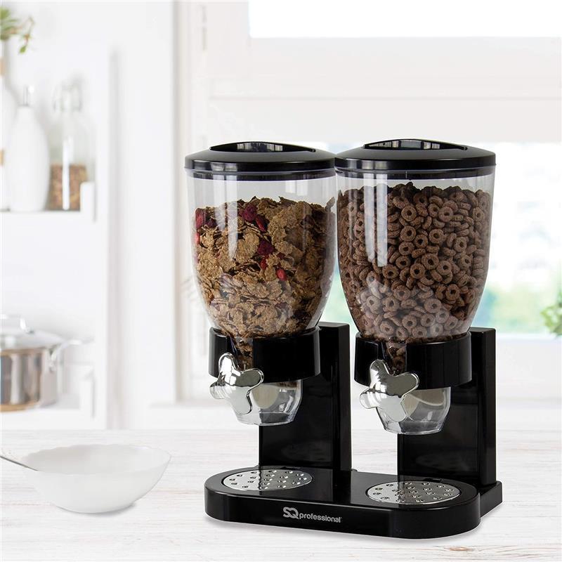 Double Cereal Dispensers -Dry Food Double Canisters With Stand Kitchen Storage Dispenser Transparent Storage Container for Cornflakes, candy, nuts, beans, granola (Black) Coffee Utensils Plastic 1