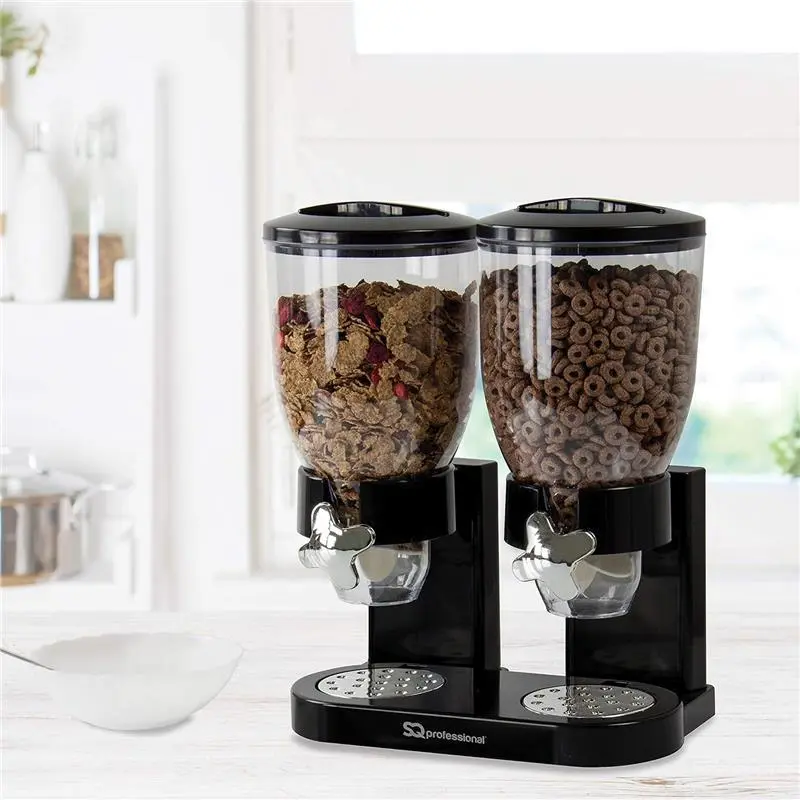 Double Cereal Dispensers -Dry Food Double Canisters With Stand Kitchen Storage Dispenser Transparent Storage Container for Cornflakes, candy, nuts, beans, granola (Black) Coffee Utensils Plastic 1