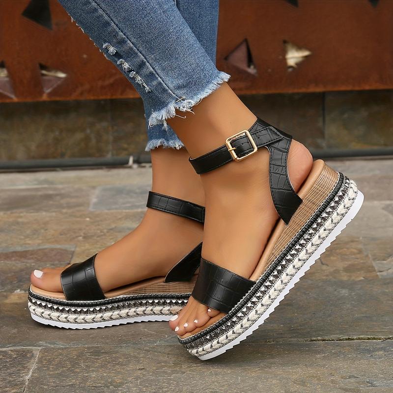 Product Introduction of Women's Platform Wedge Sandals, Rivet Open Toe Ankle Buckle Strap Espadrilles Shoes, Casual Outdoor Sandals 4