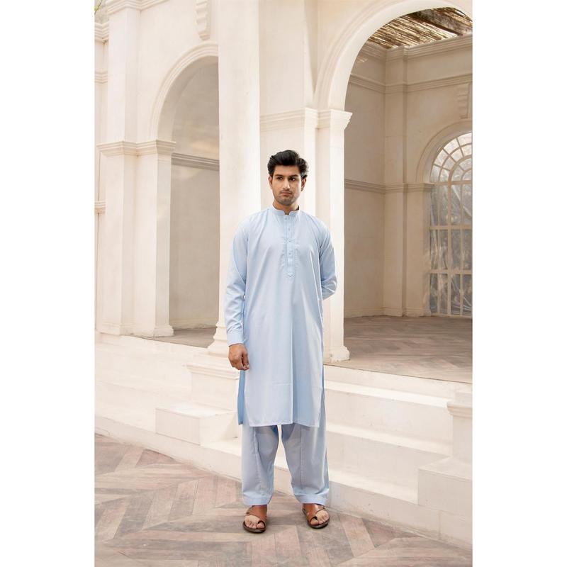 BS-SKY BLUE EMB - Kurta shalwar with simple self to self embroidery detailing around the neck line in soft polyester v 4