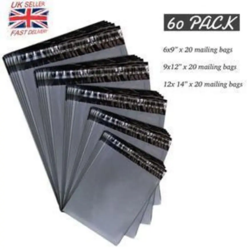 60 Mixed Size Grey Mailing Postal Bags with Self-Seal Closure for Secure Small to Large Postal, Shipping and Posting Delivery, Poly envelope, Winter Gift
