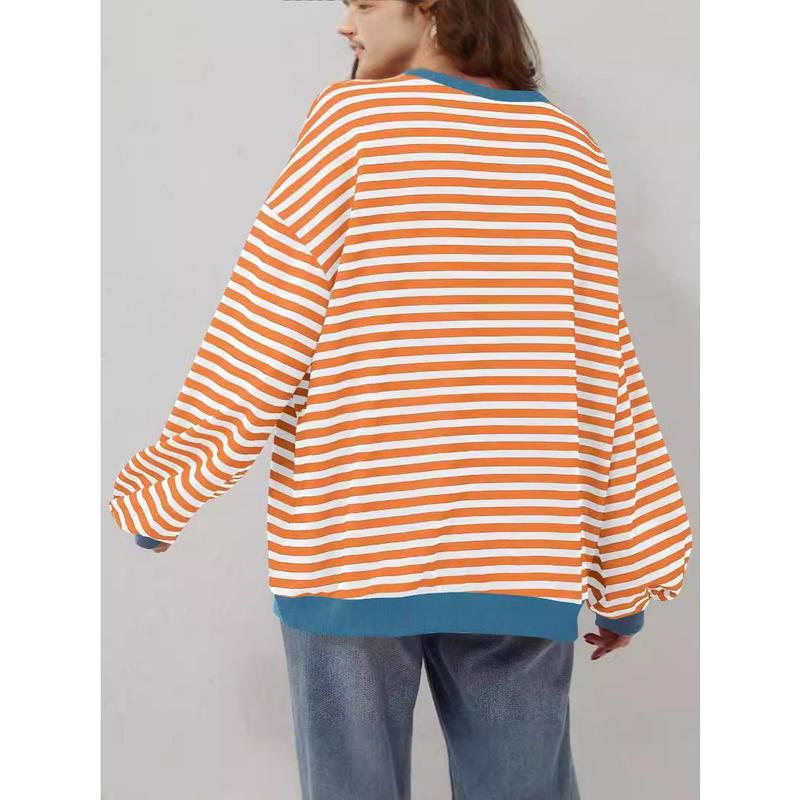 Women's Colorblock Striped Print Contrast Binding Drop Shoulder Sweatshirt, Casual Long Sleeve Round Neck Pullover for Fall & Winter, Ladies Clothes for Daily Wear, Tops for Women Womenswear Hoodie Bridal Comfort Crewneck Baggy Loose 2