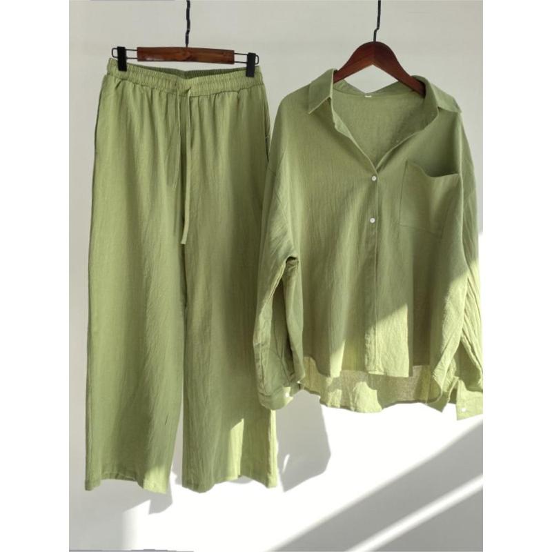 Autumn Women's Clothing 2025 New Fashionable Retro Cotton Linen Shirt High Waist Loose Long Sleeved Lace Up Pants Two-piece Set 1