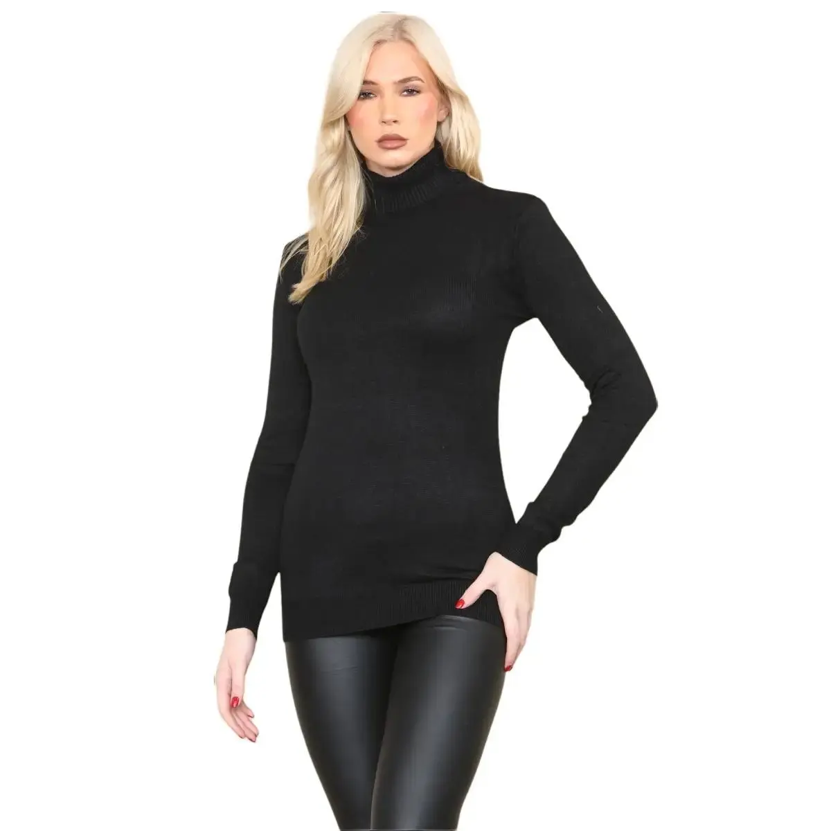 Ladies Polo Roll Neck Long Sleeve Knitted Jumper Woman's Casual Plain Tops Plain Casual Slim-fitting Clothing Comfort
