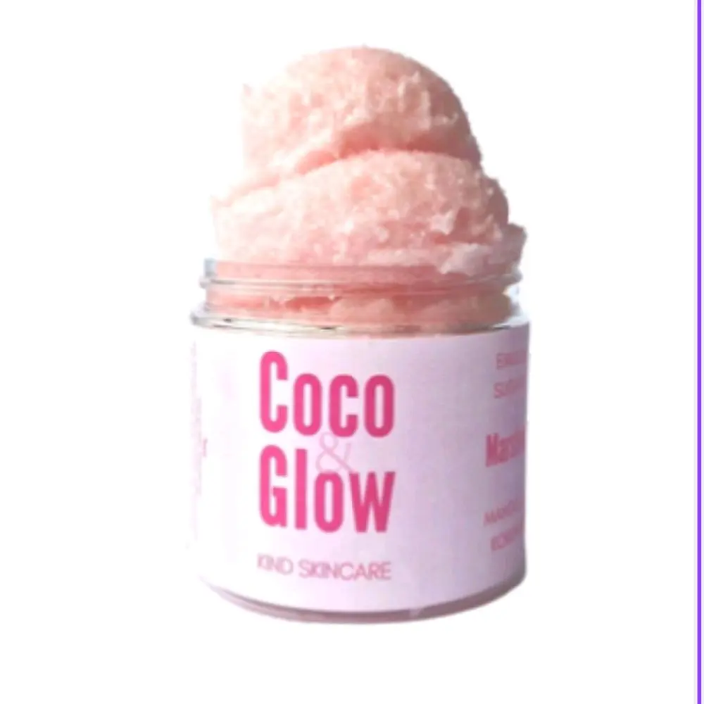 Marshmallow, Sugar body Scrub. Natural, Vegan friendly,using Mango Butter, Shea Butter, Kokum BButter. Deeply nourishing,   relieves dry Skin and renews New Skin cells