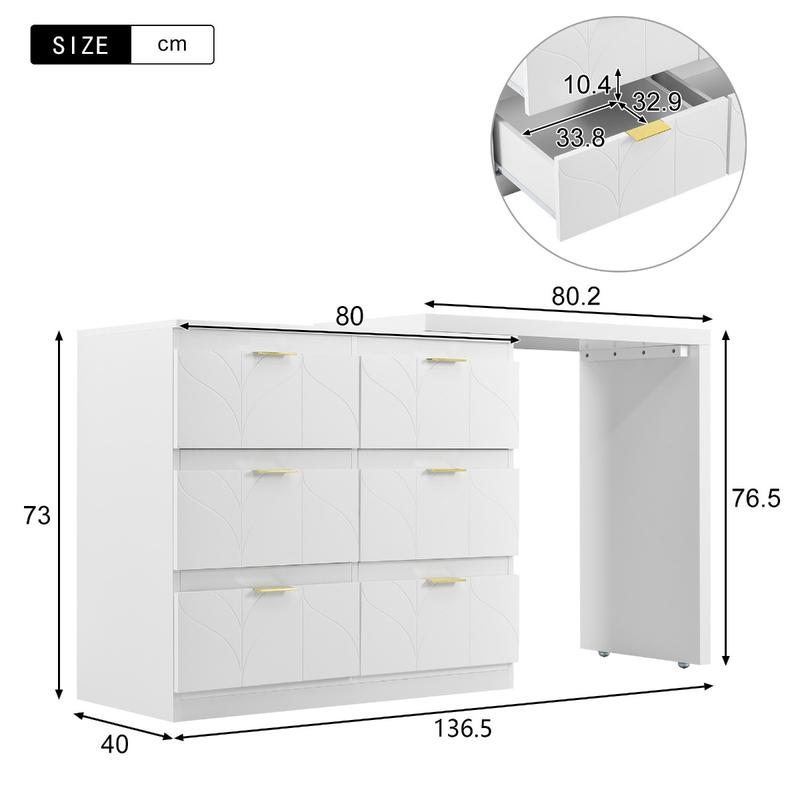 Product Introduction of Dressing Table with Side Table, Bedroom Dressing Tables, Office Table with 6 Drawers, Gold-Plated Handles, Rotating Table Top (180°), Floral Pattern, Shock-Resistant Rounded Corners, White (Without Mirror and Stool) 14
