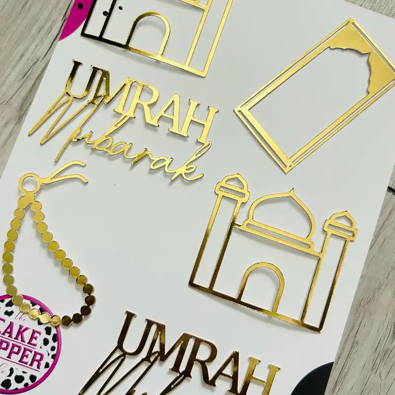 Umrah Mubarak Mixed Cupcake Topper Set with Mosque, Prayer Mat, Prayer Beads, and Tasbih - Ornaments, Decor Metallic Gift 3