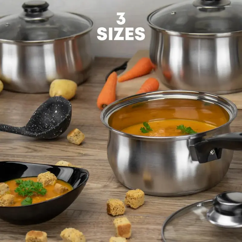 Lustro 3-Piece Stainless Steel Cookware Saucepan Set - Black Handles - 16 / 18 / 20cm 6