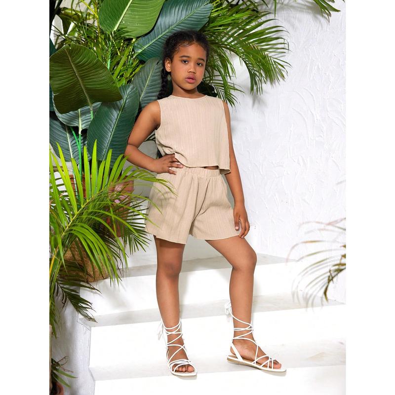 Tween Girl Casual Spring/Summer Solid Color Woven Sleeveless Top And Casual Shorts Set 4