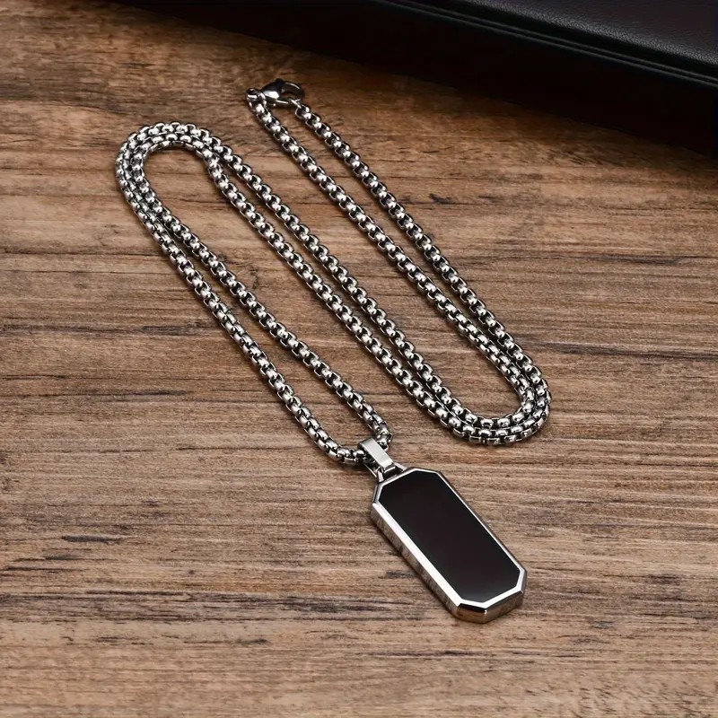 1pc Elegant Men's Stainless Steel Necklace with Sleek Black Enamel Geometric Pendant - Durable 201 Stainless Steel, Ideal Personal Gift for Him 0