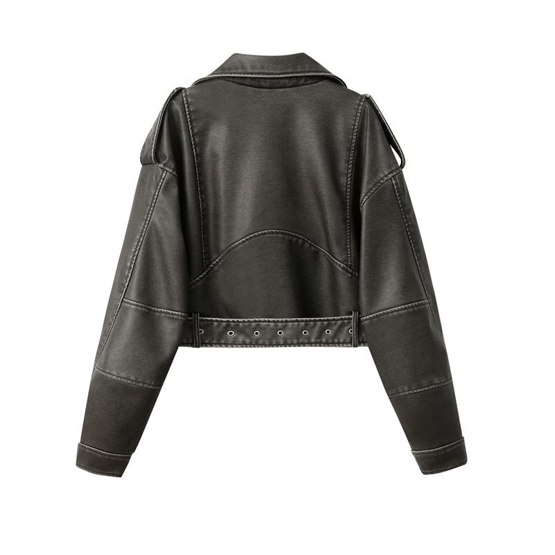 Product Introduction of NEW New Coal graysty le Women's washed leather jacket with belt, short coat with downgraded zipper and vintage lapel jacket HOT 10