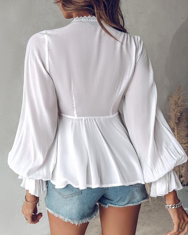 ChicMe Women's Plunge Lantern Sleeve Lace Patch Tied Detail Top 3