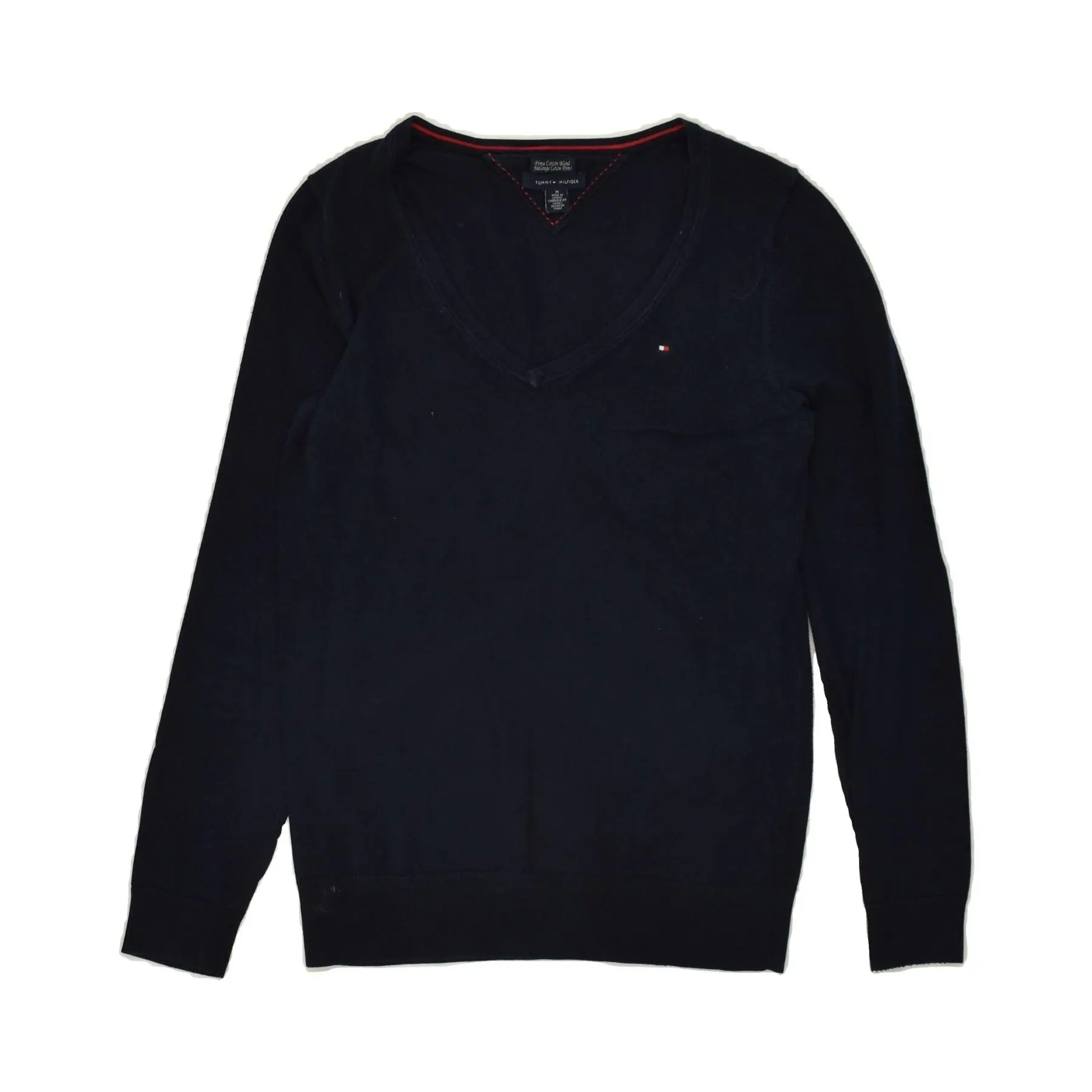Pre-Owned Vintage TOMMY HILFIGER Womens V-Neck Jumper Sweater UK 12 Medium Navy Blue Cotton