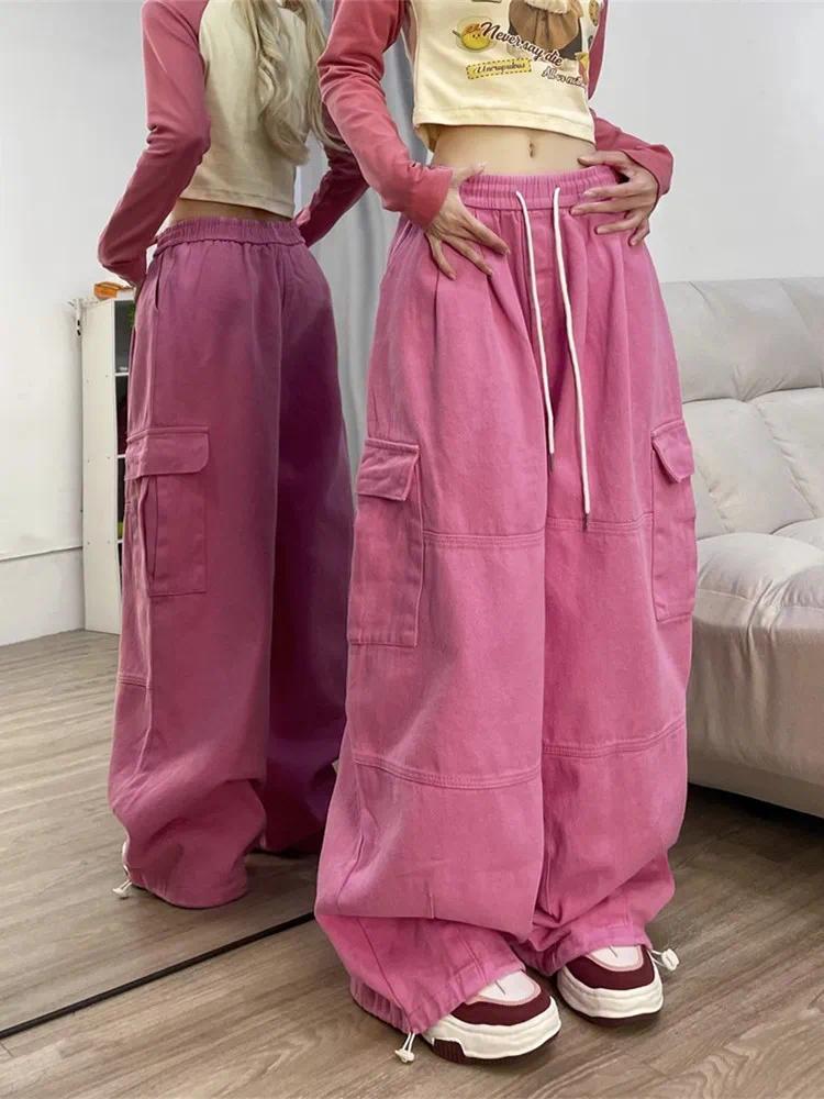 Product Introduction of 2024 Korean Y2K Fashion Drawstring Casual Baggy Cargo Jeans Pants Women Clothing Straight Wide Leg Sweatpants Female Trousers 12