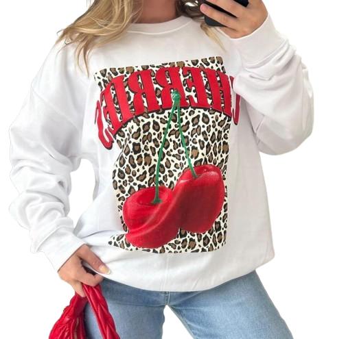 Ladies CHERRIES Slogan Cherry Leopard Print Pullover Baggy Sweatshirt Jumper 8-22 Womenswear Hoodie Sweaters  Women Long Sleeve Crewneck Tops 5