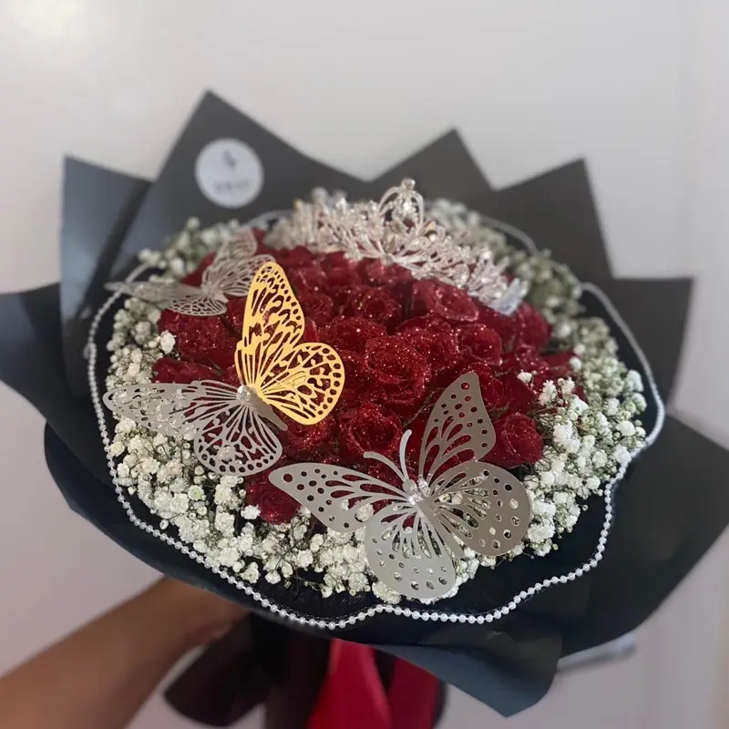 50 RED REAL GLITTER ROSES BOUQUET- GIFTT Flowers Plants flowerbouquets Mesh Pearl