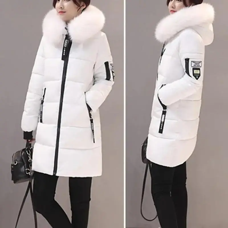 Women Winter Cotton Coat Hooded Mid Length Outerwear Windproof Warm Long Sleeve Jacket Solid Color Slim Fit Lady Down Coat 3