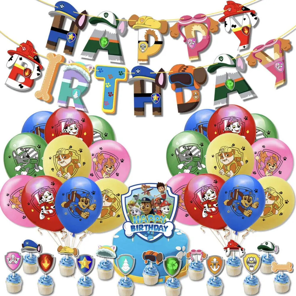 New Design Paw Patrol Balloon Set Happy Birthday Banner Colourful Hanging Birthday Bunting Cartoon Cake Toppers Decoration Chase Sky Marshall Balloons