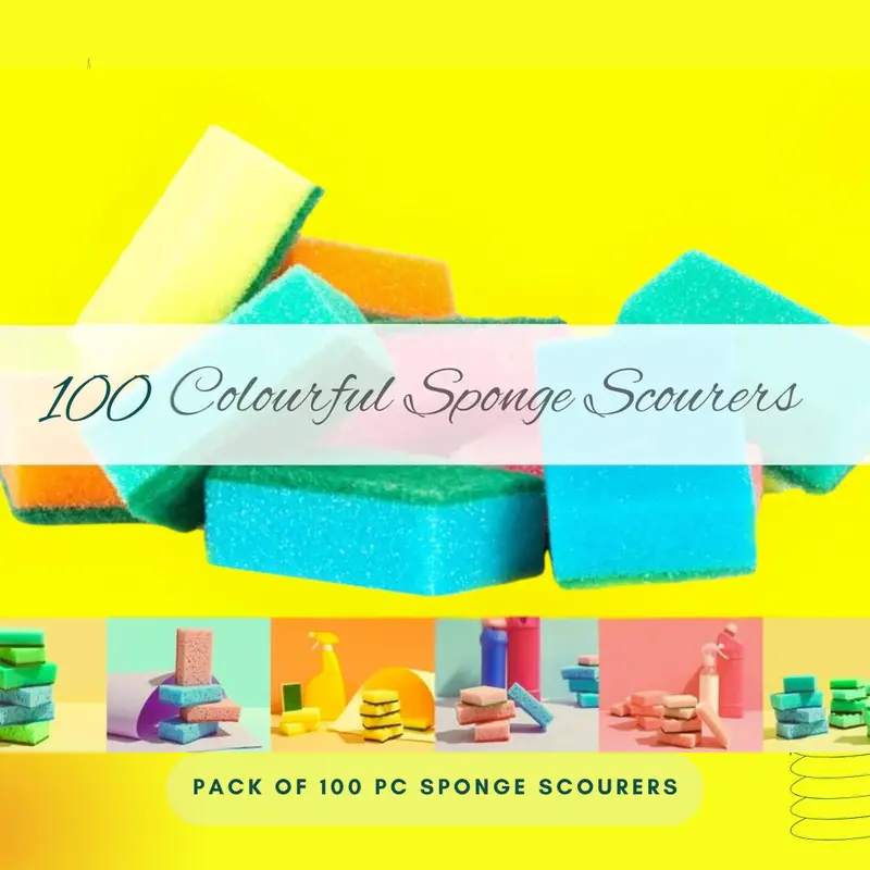 100-Pack Ultra-Absorbent Kitchen Sponge Scourers Cleaning squeeze rinse disinfecting sponges Multicolor scrubbing and cleaning Sponge Scourers 4