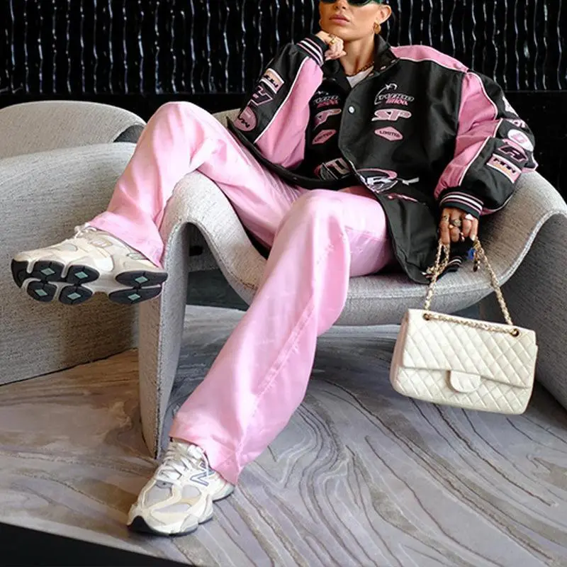 2024 New Jacket Sports Print Pink Casual Long Sleeve Motorcycle Style Jacket Clothing Womenswear