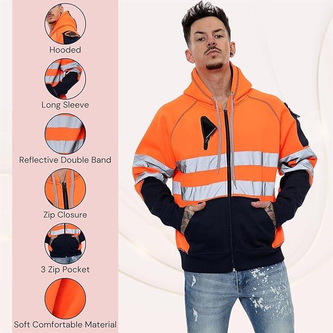 Hi Viz Reflective Fleece Hoodie for Men with 3 Secure Zipper Pockets – Lightweight Waterproof Pullover with Adjustable Hood, Breathable Fabric, and Stylish Design for Outdoor Wear, Casual Outings, and Night Visibility 5