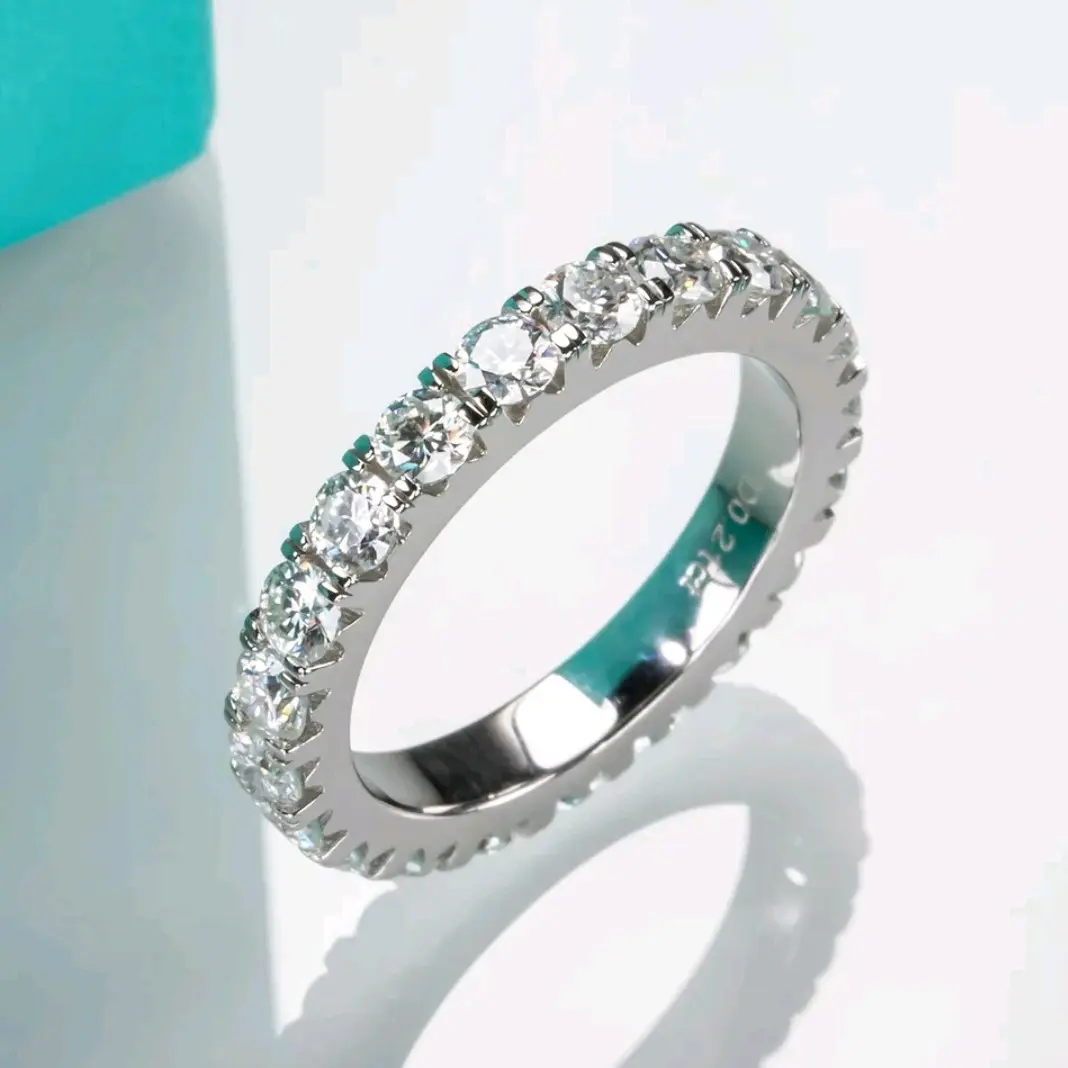 2ct-3ct D VVS1 Round Brilliant Cut Moissanite Full Eternity Ring with GRA Certificate in 18k White Gold Vermeil Plate over 925 Silver.