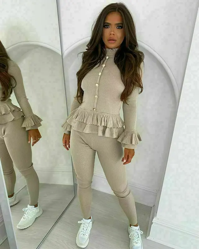 Ladies Fine Ribbed Frill Peplum Gold Button Loungewear Suit Women Tracksuit Set Fashion Womenswear Polyester Top Bottom Fabric High Waist 7