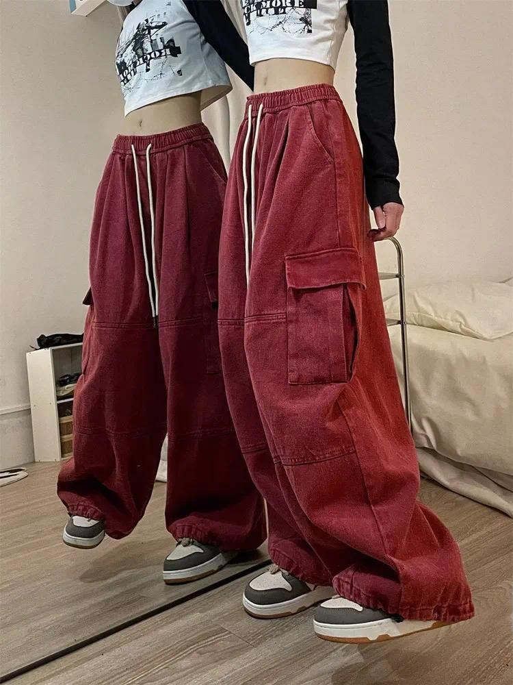 Product Introduction of 2024 Korean Y2K Fashion Drawstring Casual Baggy Cargo Jeans Pants Women Clothing Straight Wide Leg Sweatpants Female Trousers 14