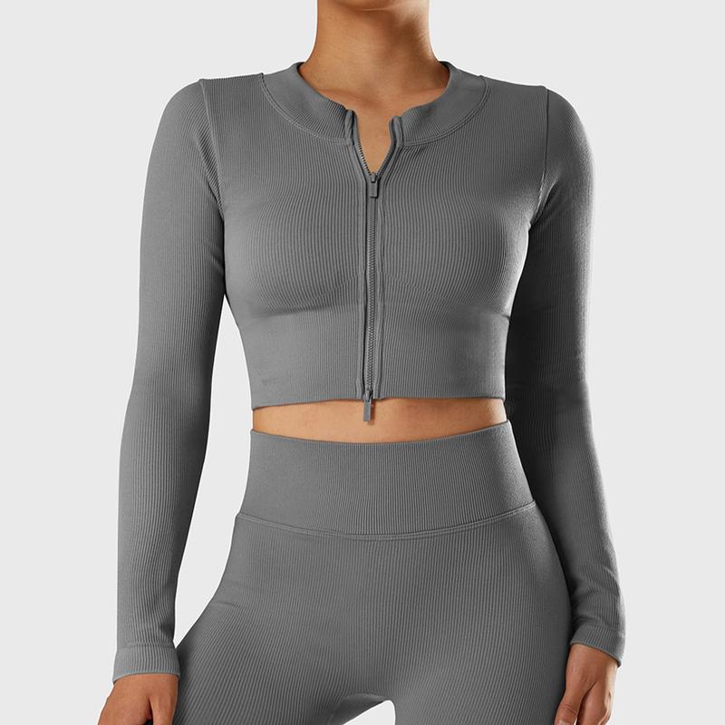 Mooslover UK Women's Ribbed  Running Sports Jacket Yoga Long Sleeve Full Zip Gym Tops 5