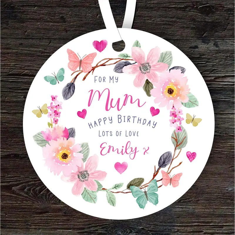 Mum Happy Birthday Gift Flower Butterfly Round Personalised Hanging Ornament - Custom Cute Gift, Trinket, Keepsake, Small Gift, Décor 1